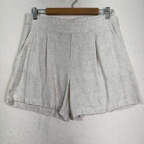 Be Cool Beige Linen Pleated Pull-On High Waisted Shorts Size Large Elastic Back - Picture 1 of 5